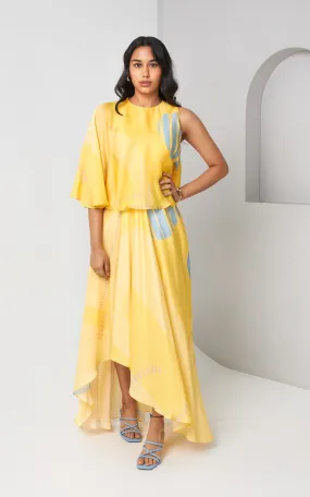 Abstract Printed Yellow Cape Dress