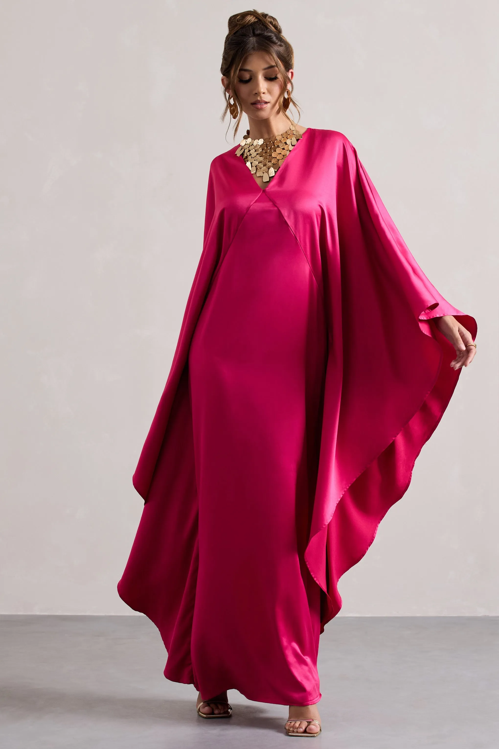 Alohi | Hot Pink Satin Plunge Cape Maxi Dress