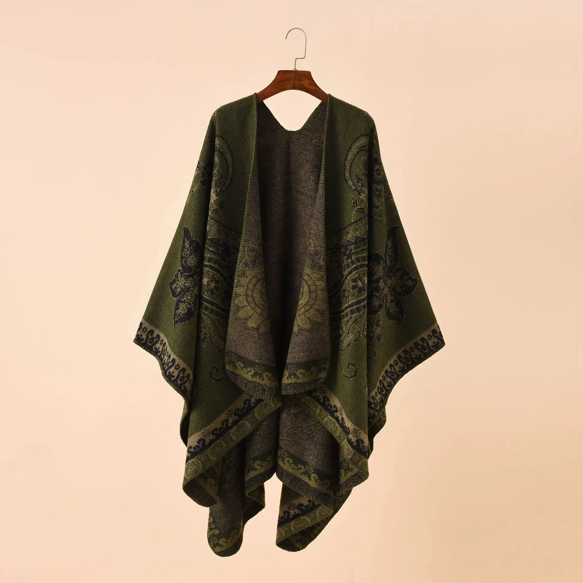 Autumn Winter Geometric Lattice Flower Pattern Shawl Poncho Cape For Women