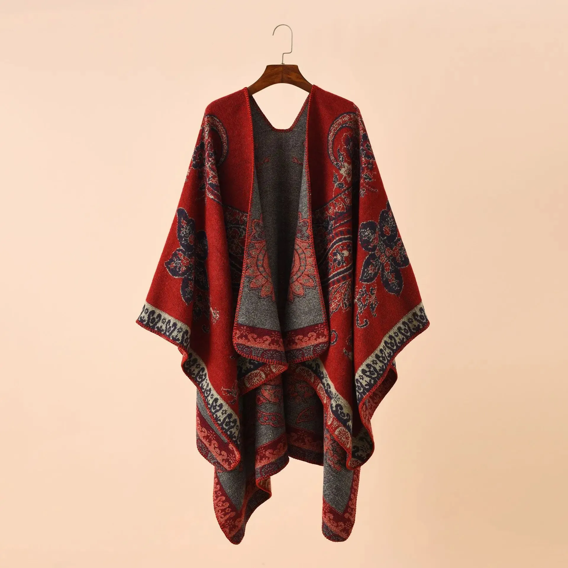 Autumn Winter Geometric Lattice Flower Pattern Shawl Poncho Cape For Women