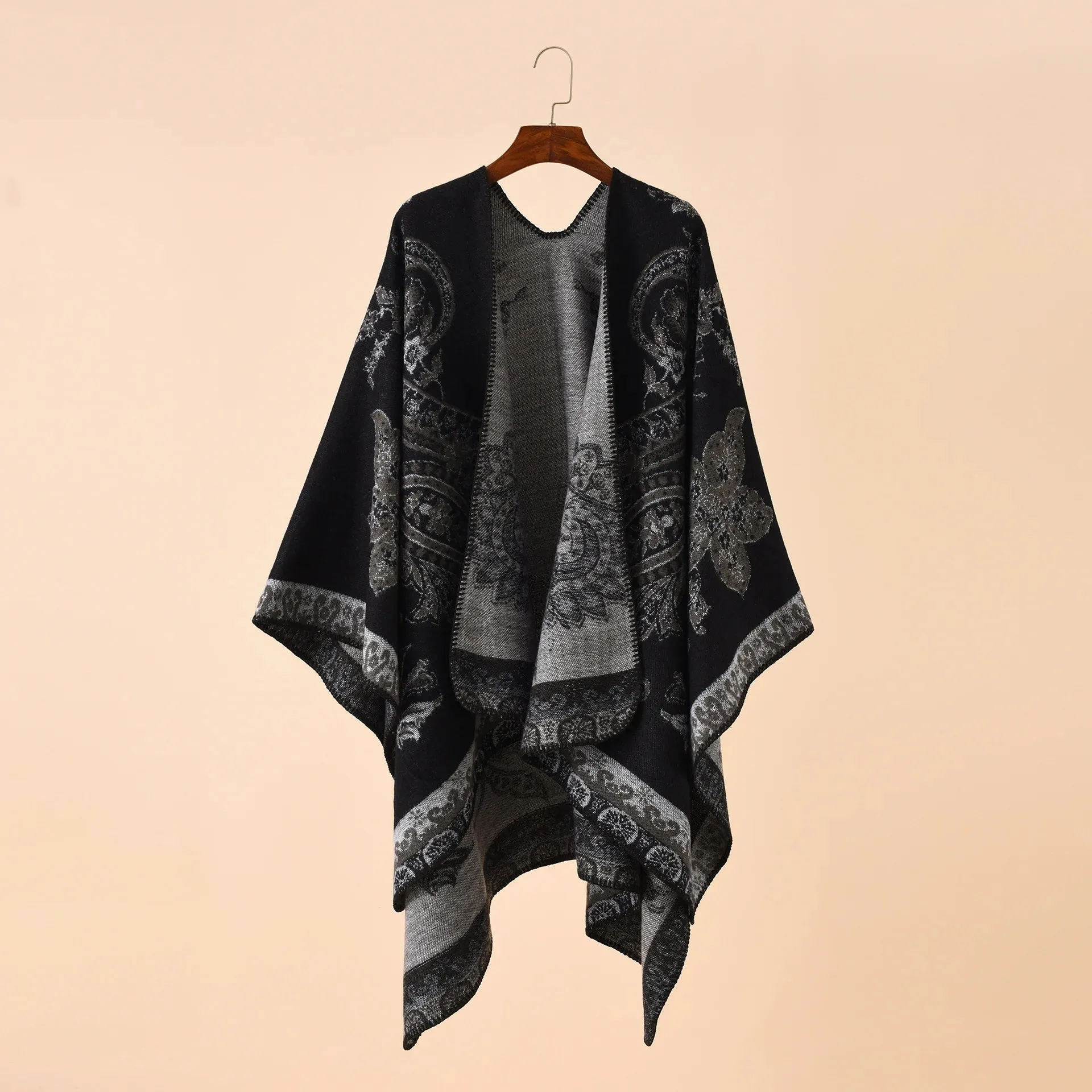 Autumn Winter Geometric Lattice Flower Pattern Shawl Poncho Cape For Women