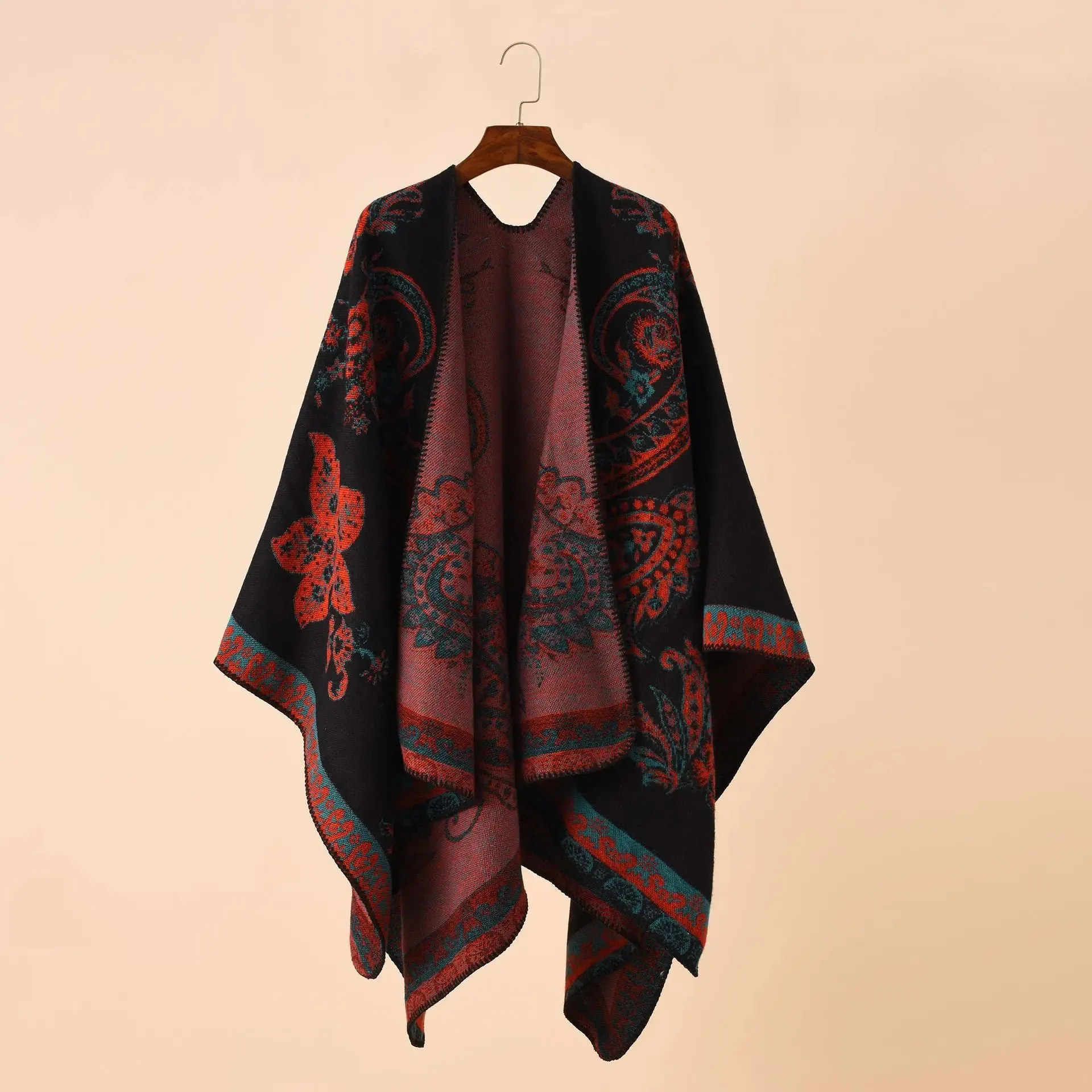 Autumn Winter Geometric Lattice Flower Pattern Shawl Poncho Cape For Women