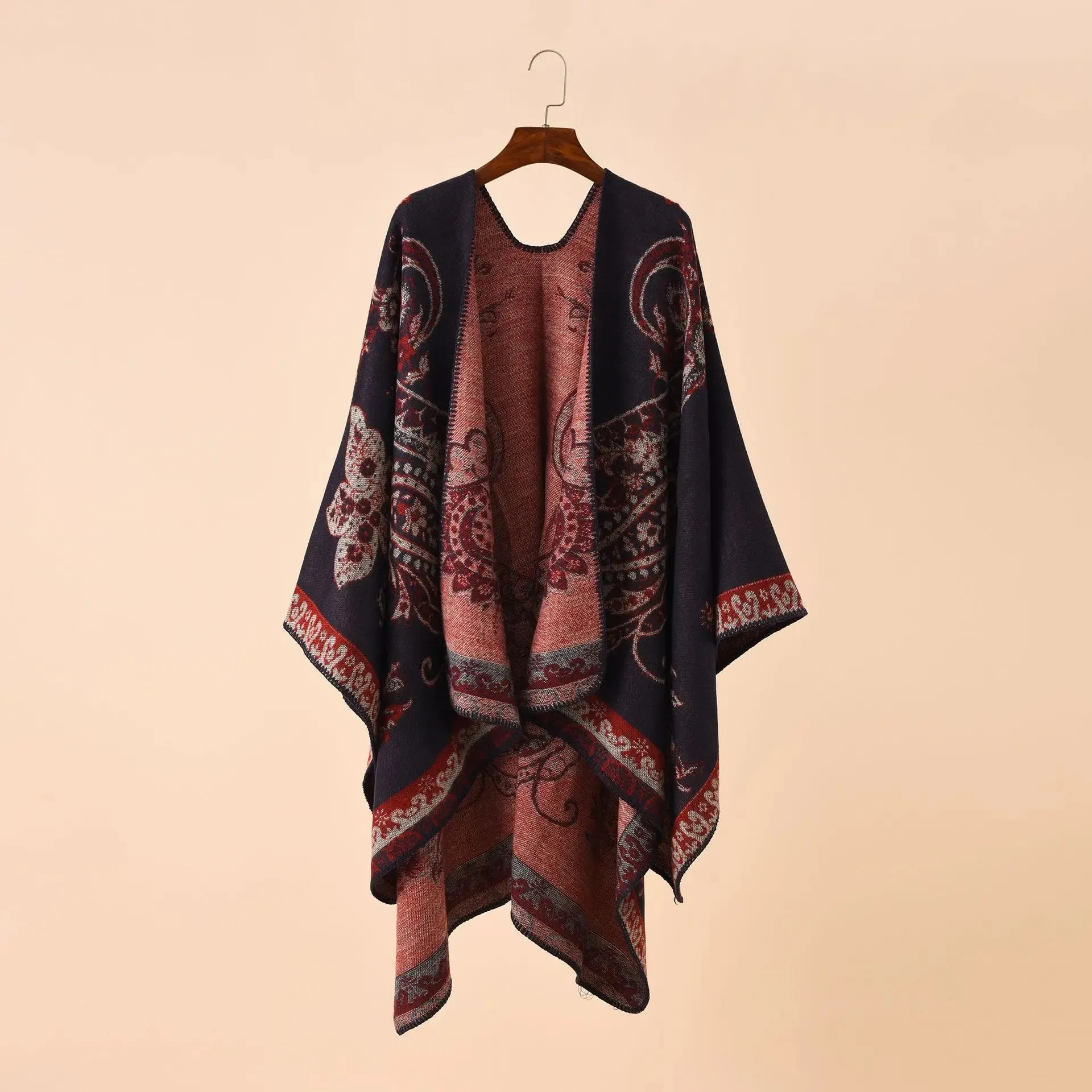 Autumn Winter Geometric Lattice Flower Pattern Shawl Poncho Cape For Women