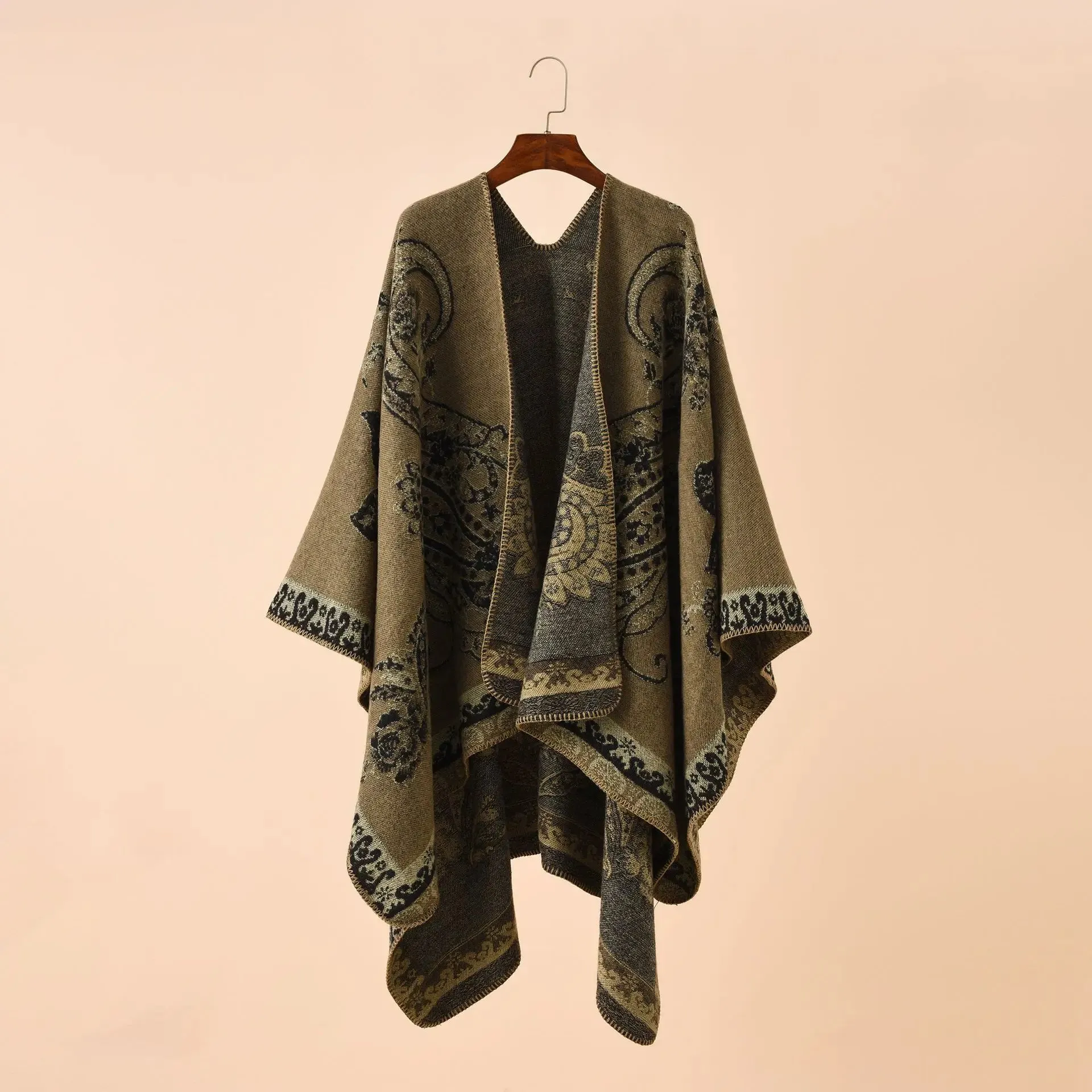 Autumn Winter Geometric Lattice Flower Pattern Shawl Poncho Cape For Women