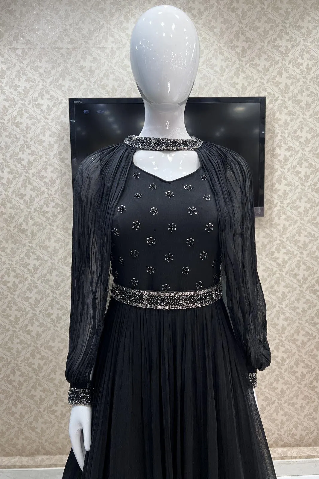 Black Beads and Sequins work Floor Length Anarkali Suit with Cape and Belt