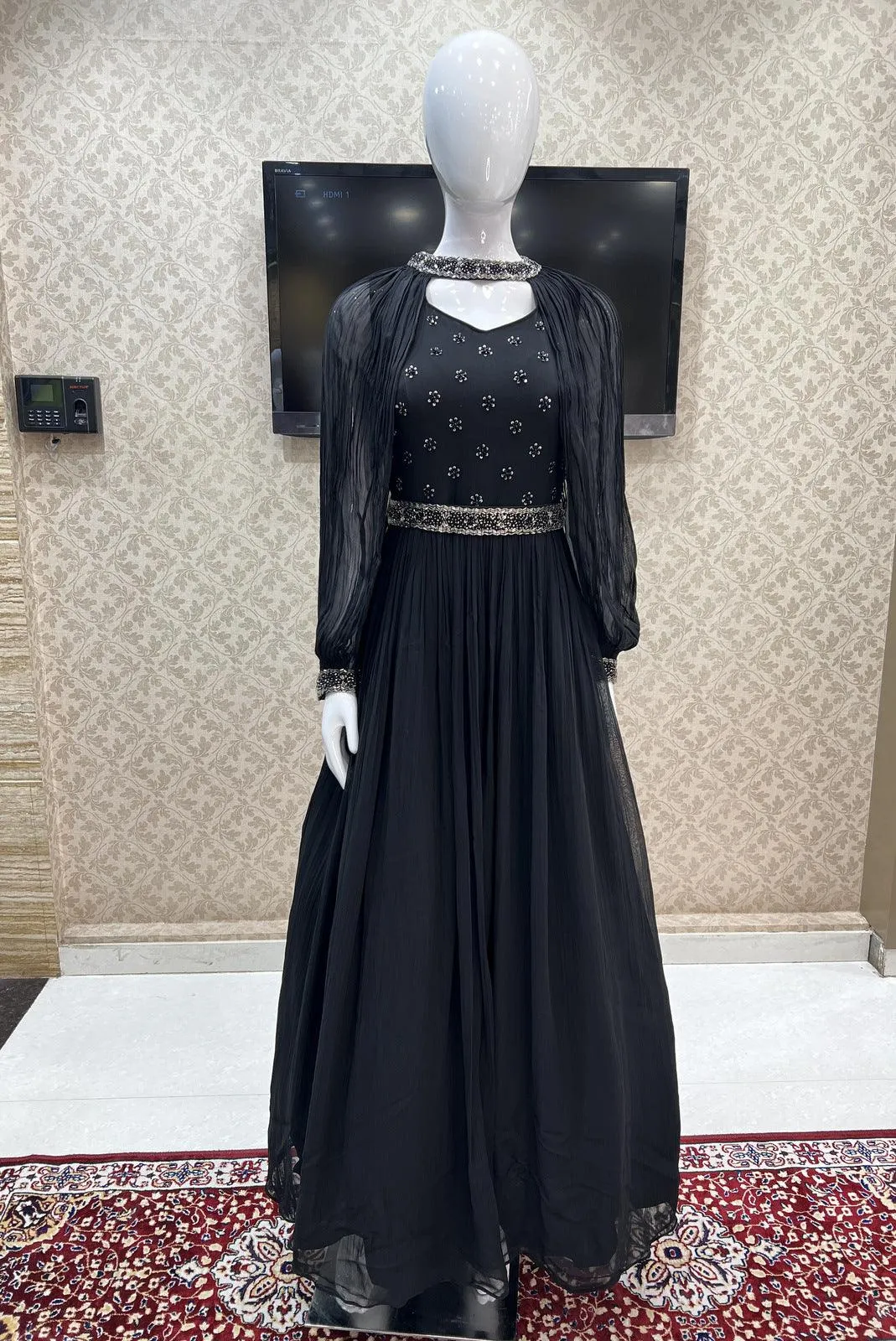 Black Beads and Sequins work Floor Length Anarkali Suit with Cape and Belt