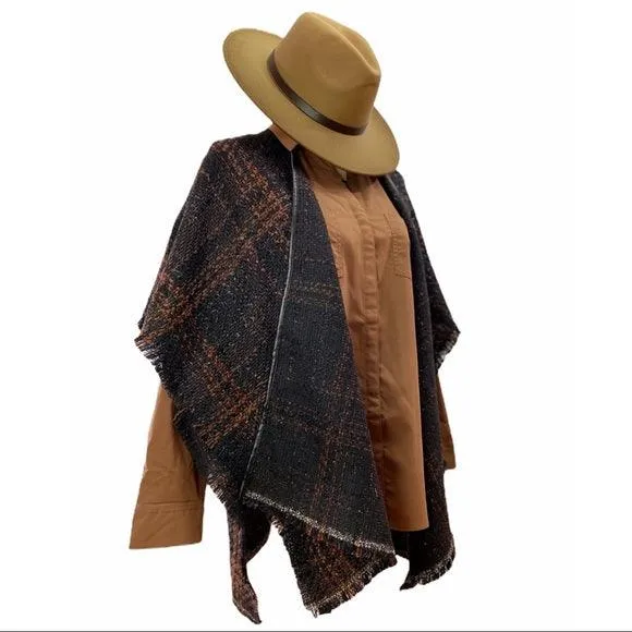 Black Brown Plaid Open Front Poncho Shawl