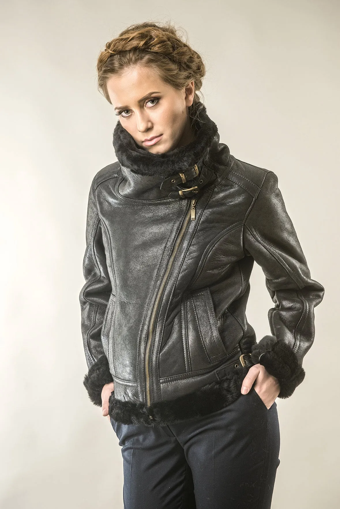 Black Shearling Leather Biker Jacket with Merino Fur