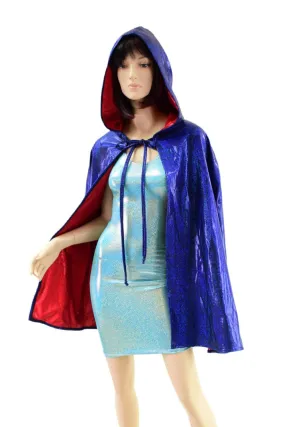 Blue and Red Sparkly Jewel Reversible 35" Hooded Cape