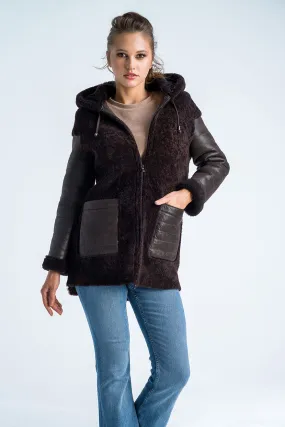 Brown Natural Shearling Sheepskin Hooded Jacket