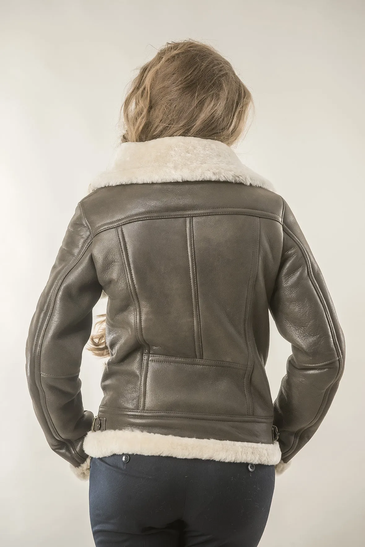 Brown Shearling Leather Biker Jacket with Merino Fur