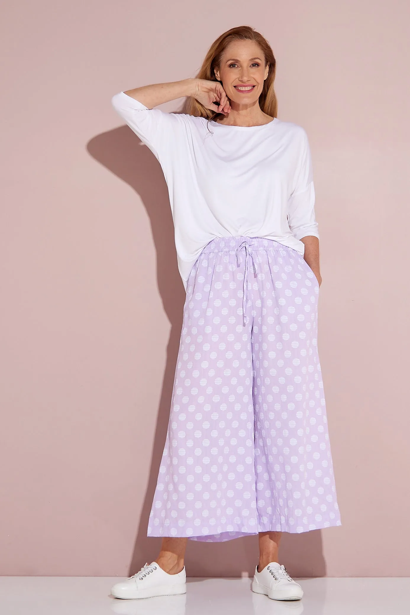 Cleo Wide Leg Drawstring Pants - Lilac/Spot