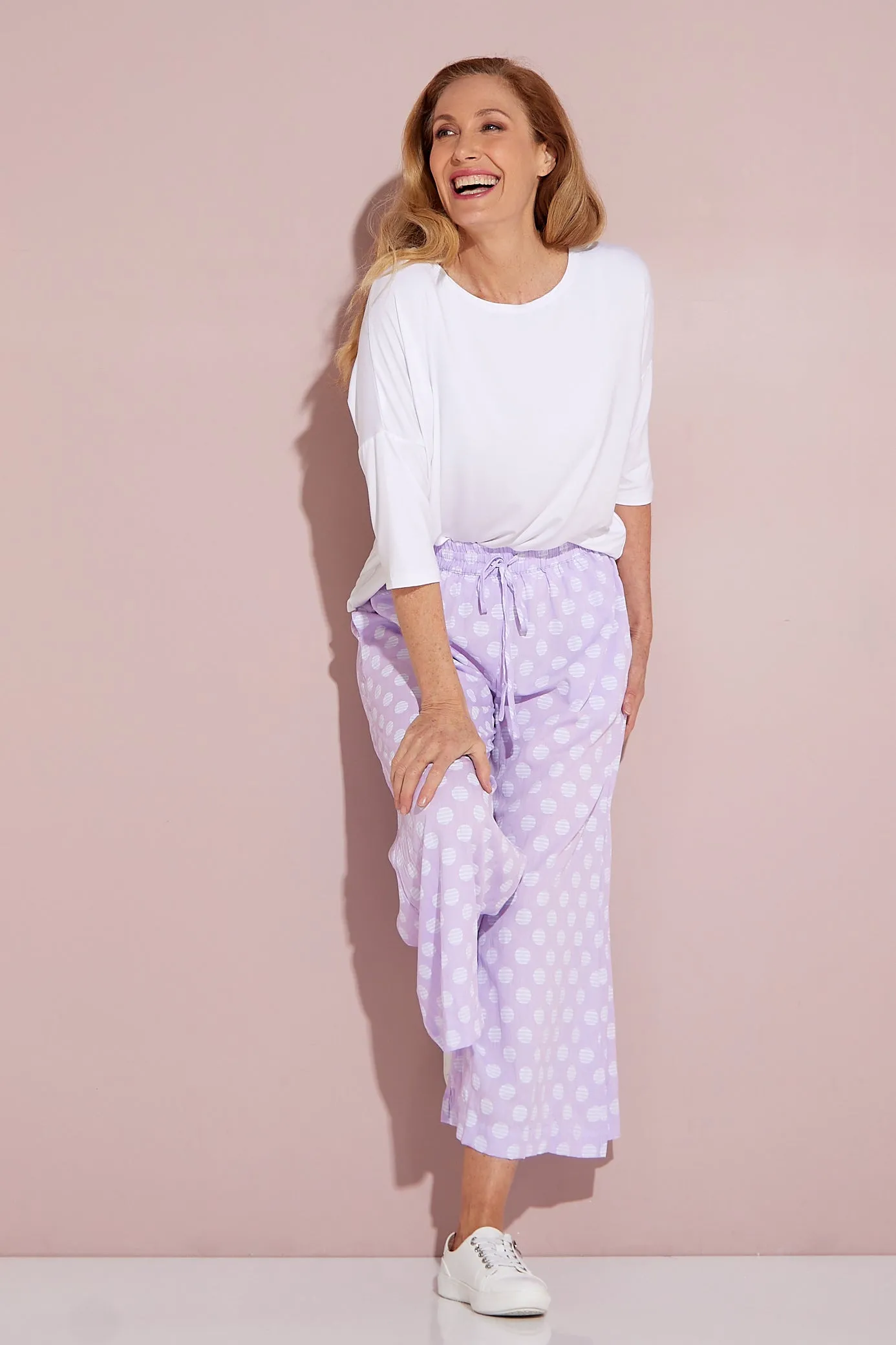 Cleo Wide Leg Drawstring Pants - Lilac/Spot