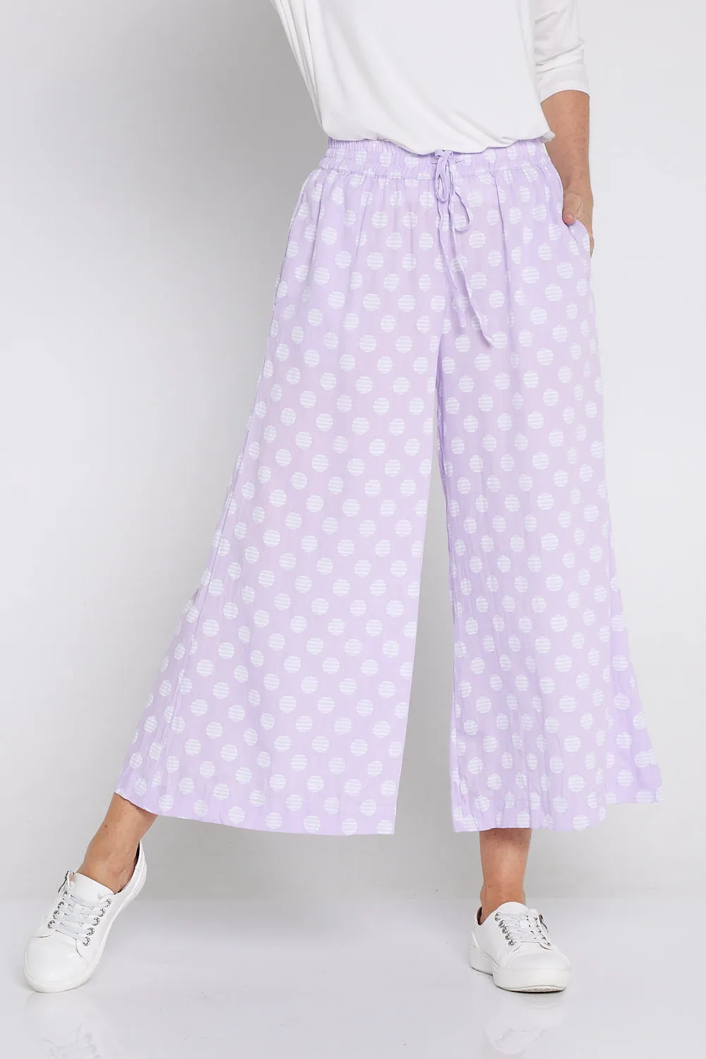 Cleo Wide Leg Drawstring Pants - Lilac/Spot