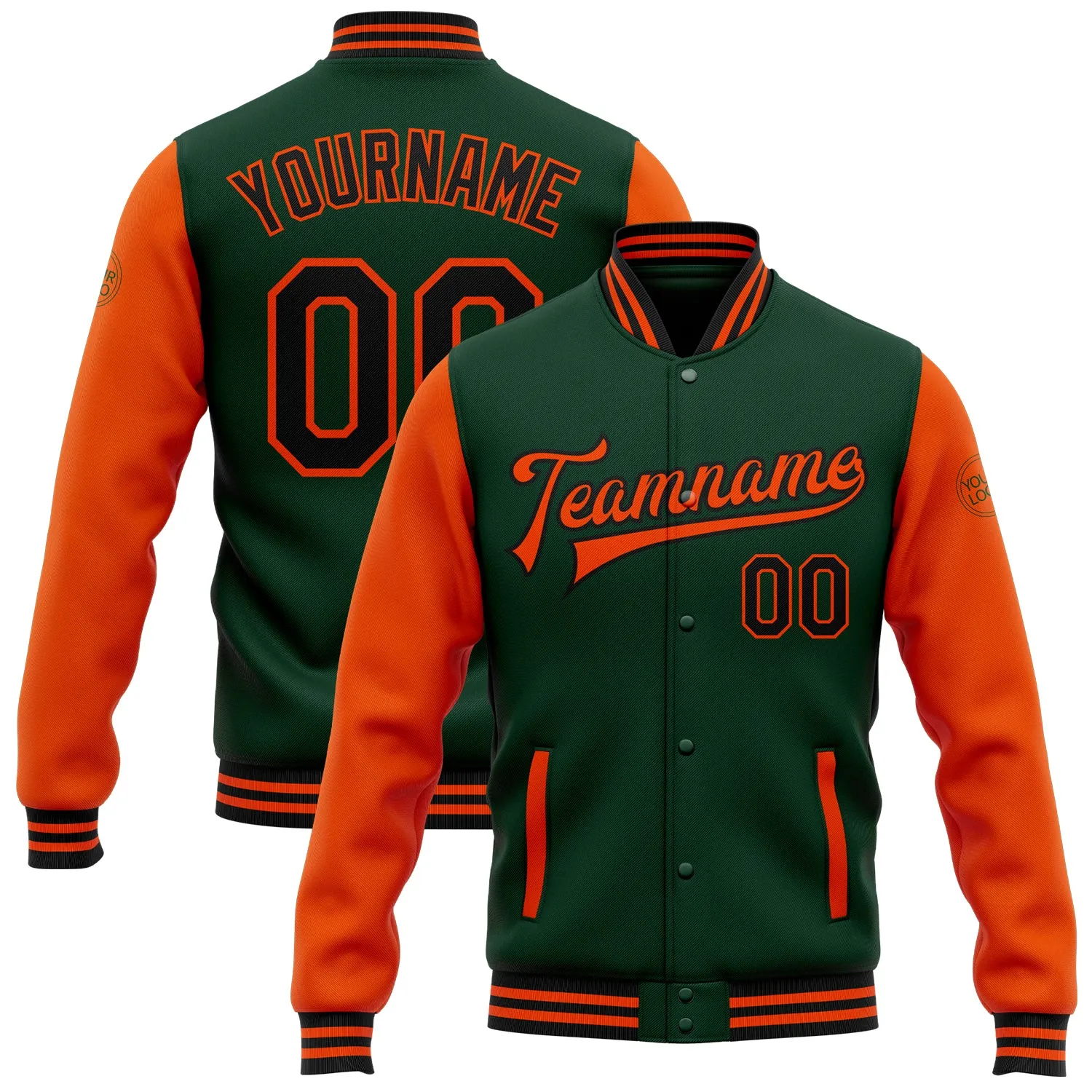 Custom Green Black-Orange Bomber Full-Snap Varsity Letterman Two Tone Jacket