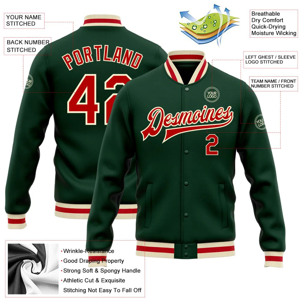 Custom Green Red-Cream Bomber Full-Snap Varsity Letterman Jacket