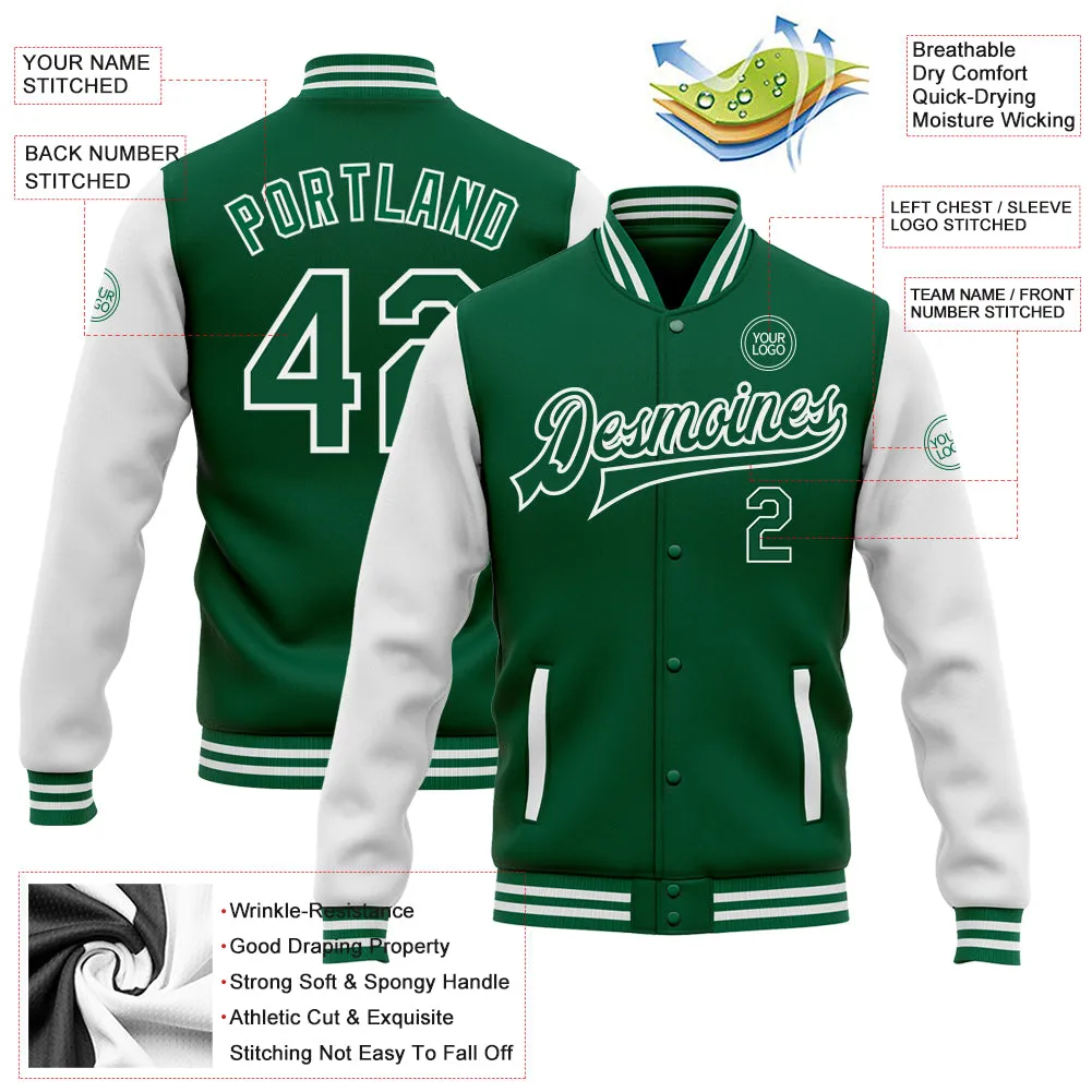 Custom Kelly Green White Bomber Full-Snap Varsity Letterman Two Tone Jacket