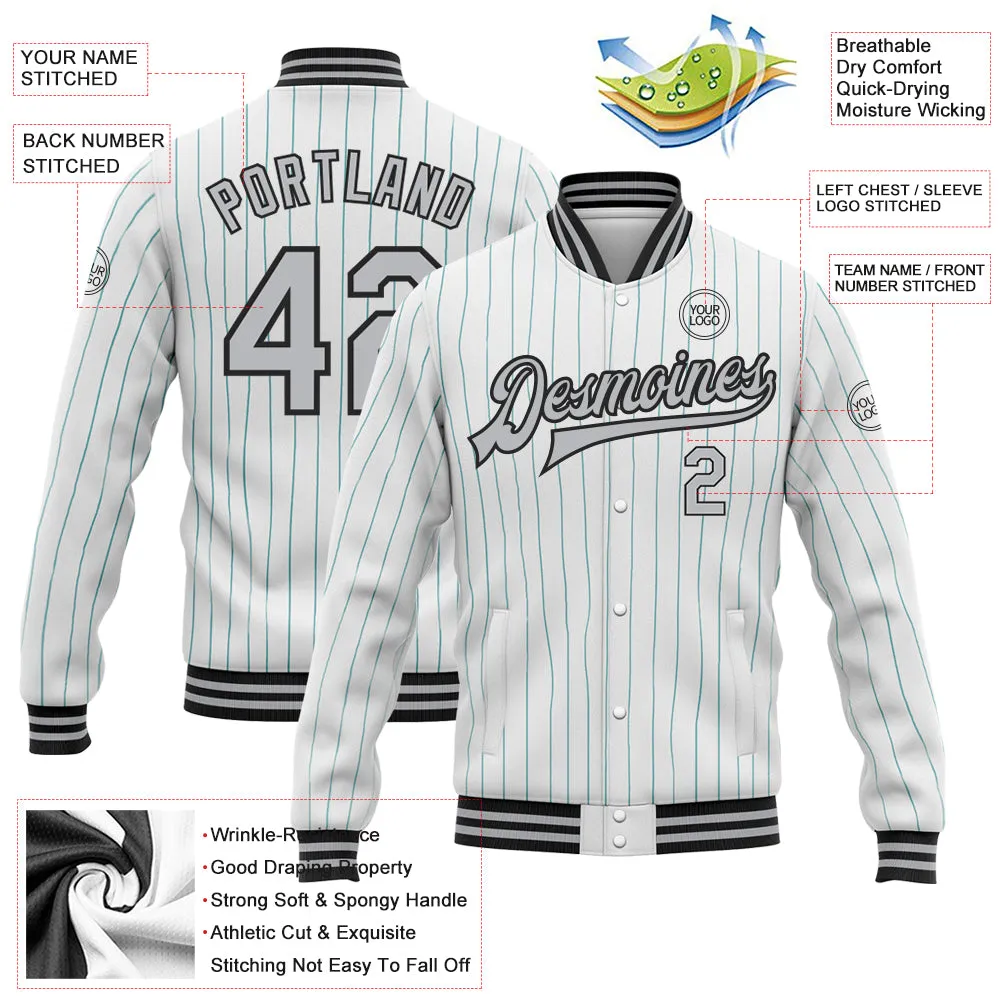 Custom White Teal Pinstripe Gray-Black Bomber Full-Snap Varsity Letterman Jacket