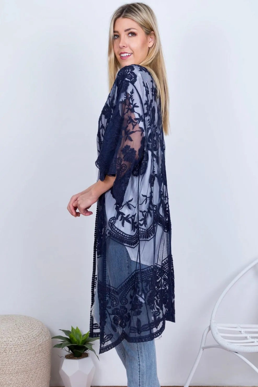 Fleetwood Lace Cape Kimono - Navy