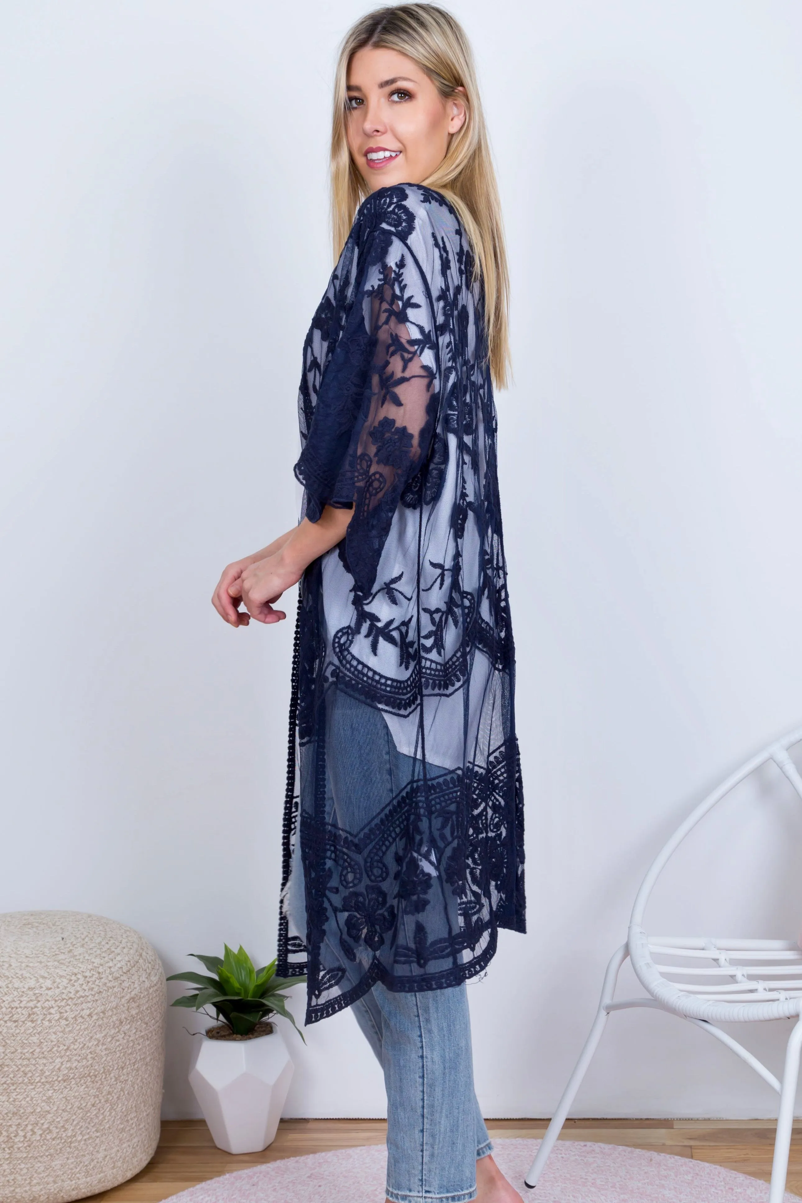 Fleetwood Lace Cape Kimono - Navy