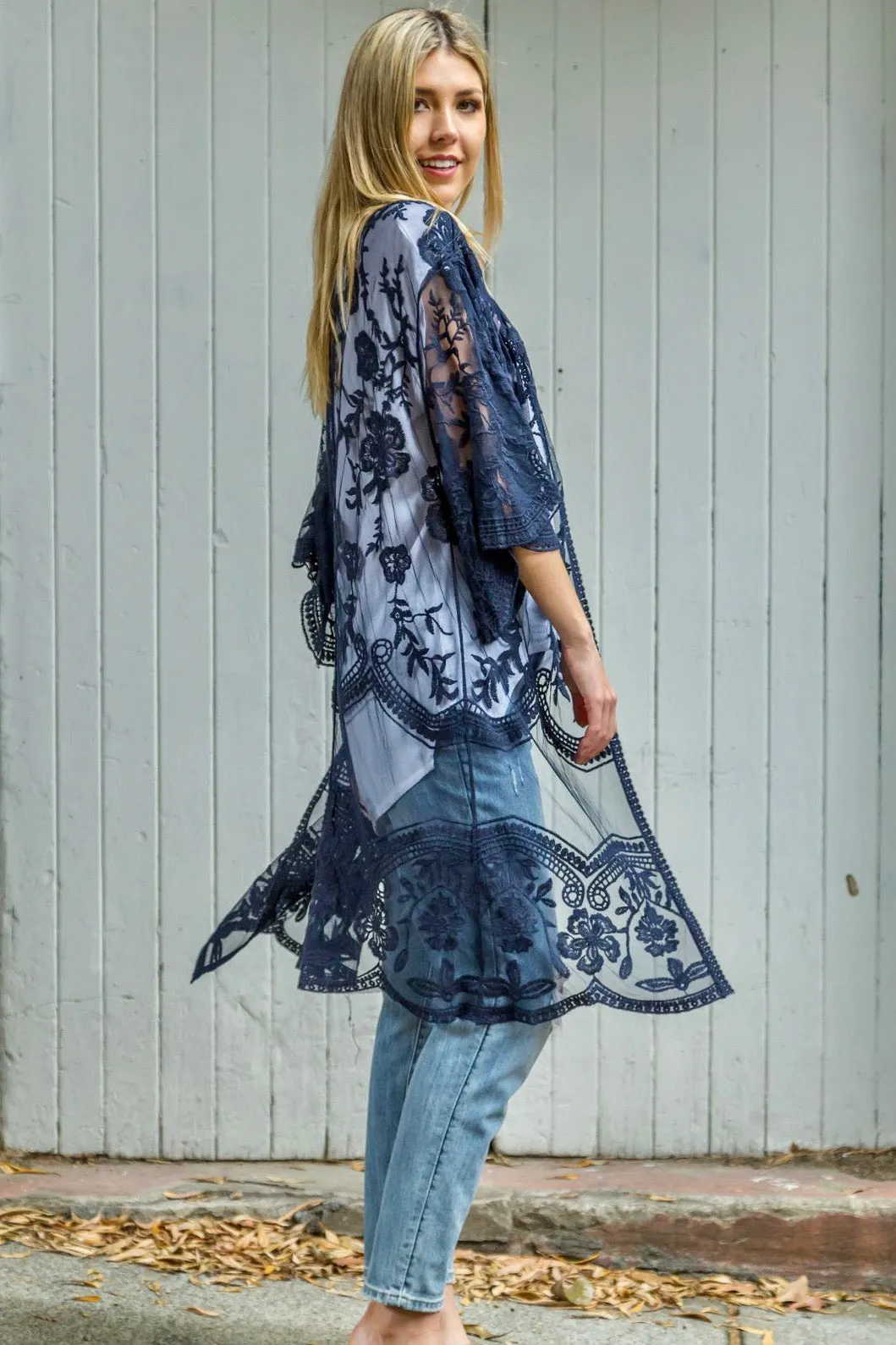 Fleetwood Lace Cape Kimono - Navy