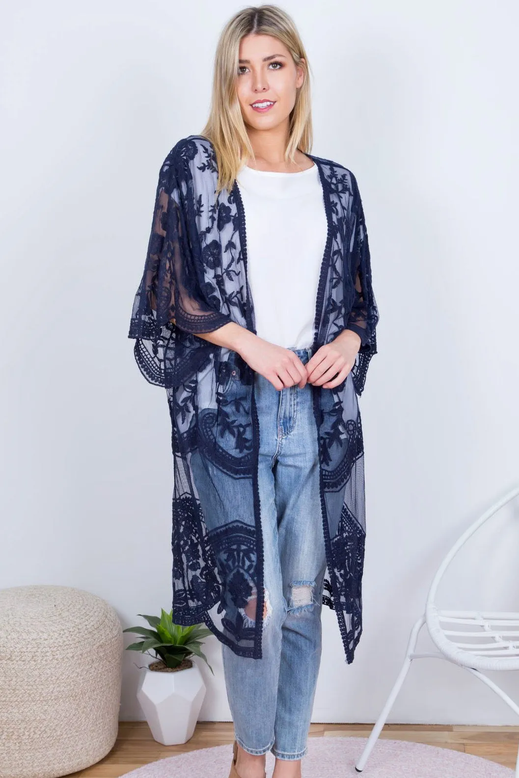 Fleetwood Lace Cape Kimono - Navy