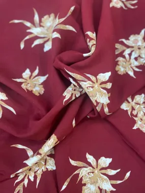 Floral Rayon Print - Burgundy, White & Tan