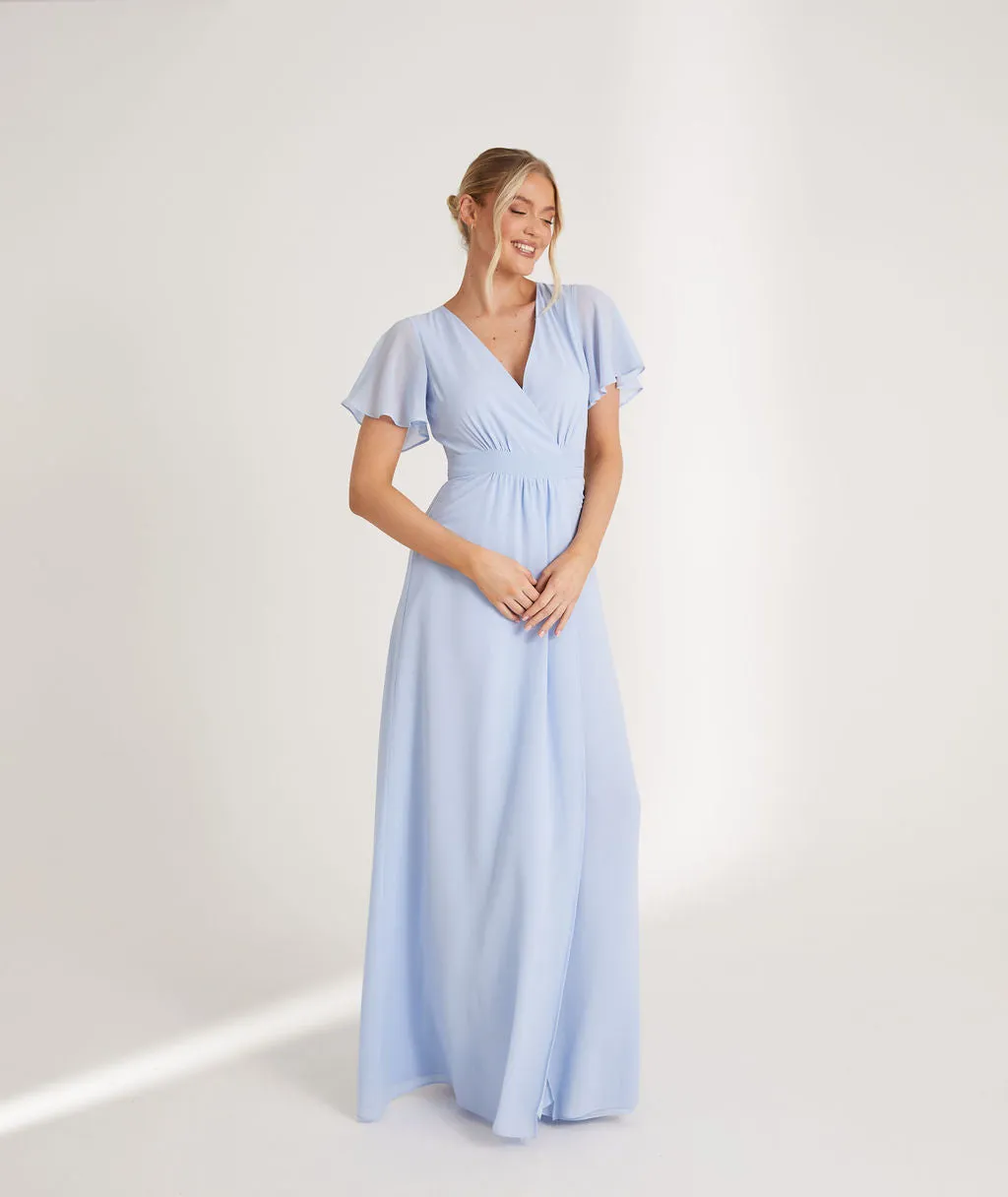 Flutter Sleeve Wrap Tie Chiffon Bridesmaid Dress - Cornflower Blue