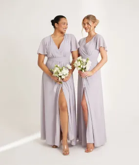 Flutter Sleeve Wrap Tie Chiffon Bridesmaid Dress - Dusty Lilac