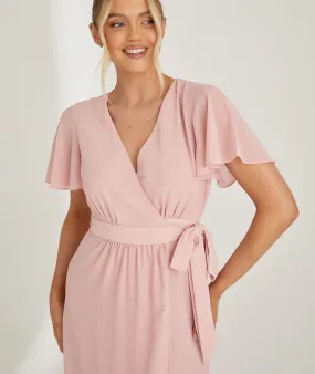 Flutter Sleeve Wrap Tie Chiffon Bridesmaid Dress - Peony Pink