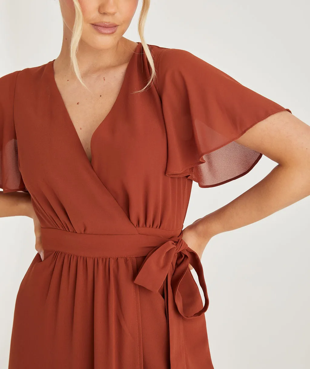 Flutter Sleeve Wrap Tie Chiffon Bridesmaid Dress - Rust