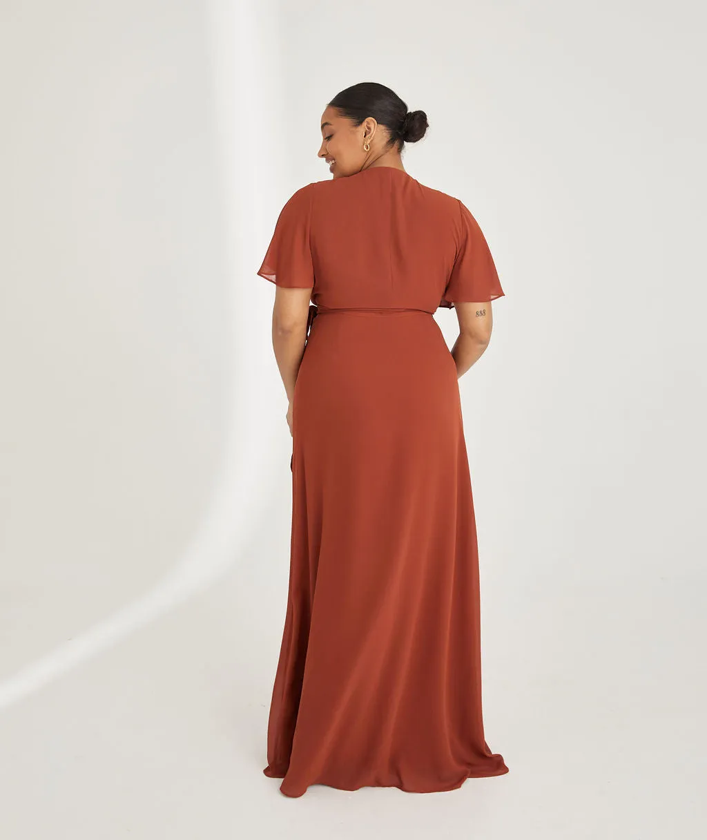 Flutter Sleeve Wrap Tie Chiffon Bridesmaid Dress - Rust