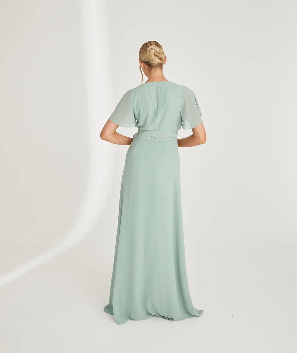 Flutter Sleeve Wrap Tie Chiffon Bridesmaid Dress - Sage