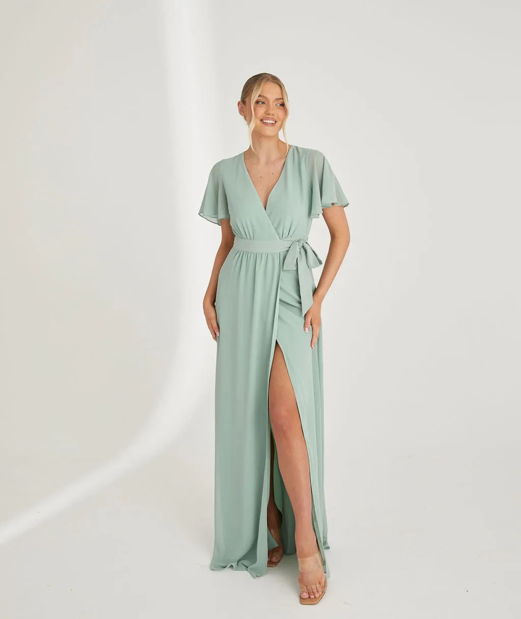 Flutter Sleeve Wrap Tie Chiffon Bridesmaid Dress - Sage