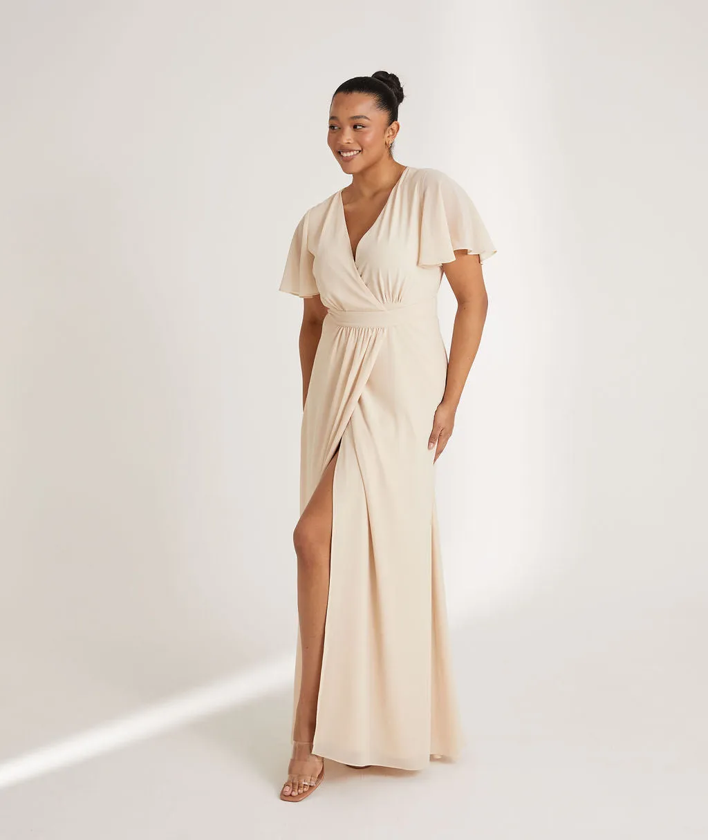 Flutter Sleeve Wrap Tie Chiffon Bridesmaid Dress - Vintage Cream