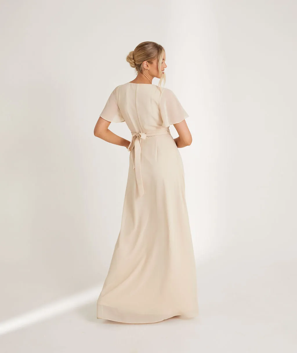 Flutter Sleeve Wrap Tie Chiffon Bridesmaid Dress - Vintage Cream