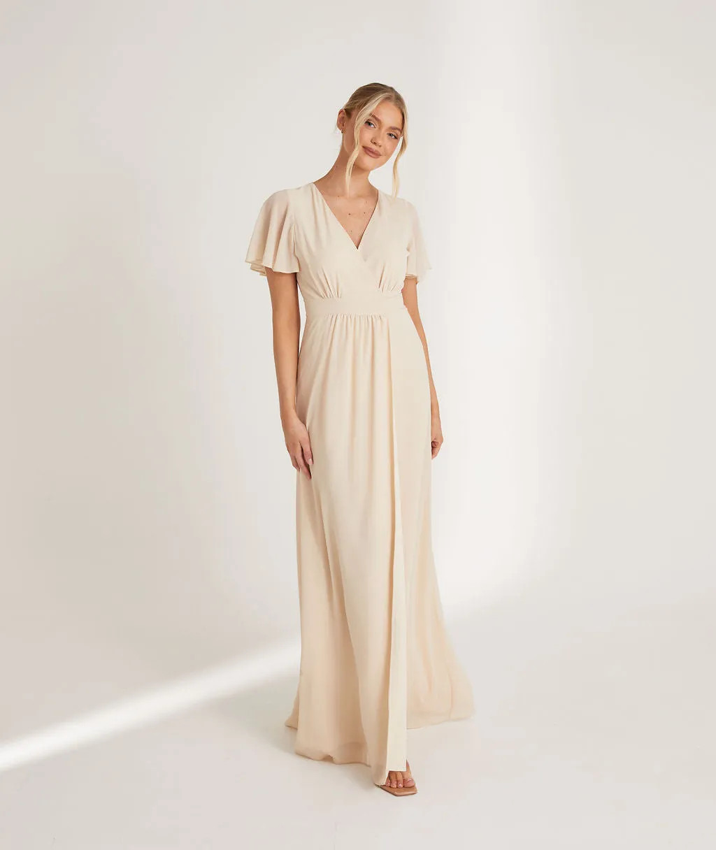 Flutter Sleeve Wrap Tie Chiffon Bridesmaid Dress - Vintage Cream