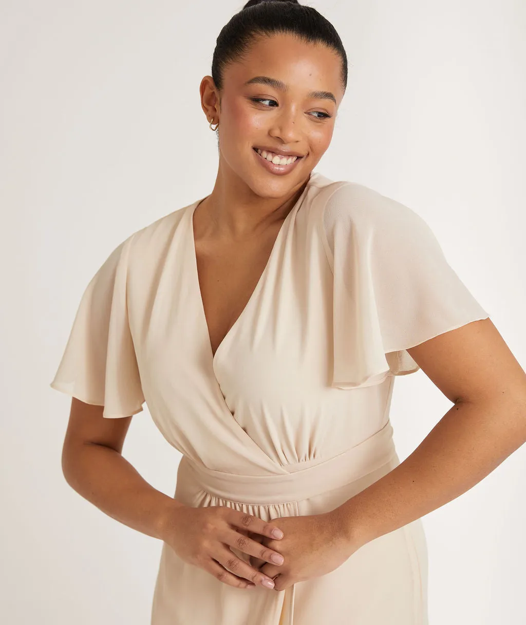 Flutter Sleeve Wrap Tie Chiffon Bridesmaid Dress - Vintage Cream