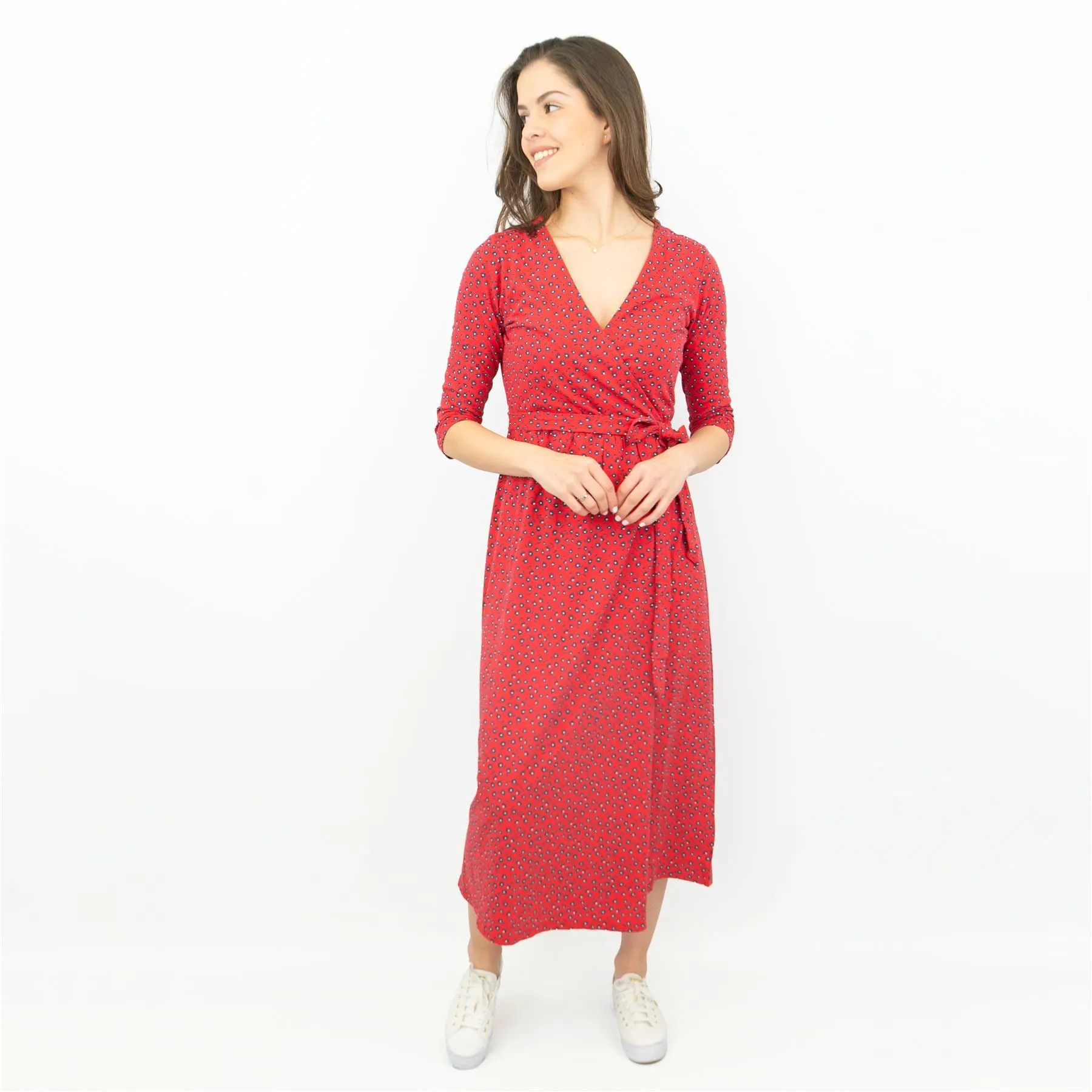 Frugi Jolie Red Maternity & Nursing Cross Wrap 3/4 Sleeve Midi Dresses