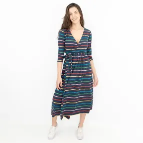 Frugi Rico Stripe Cross Wrap 3/4 Sleeve Maternity Nursing Midi Dress