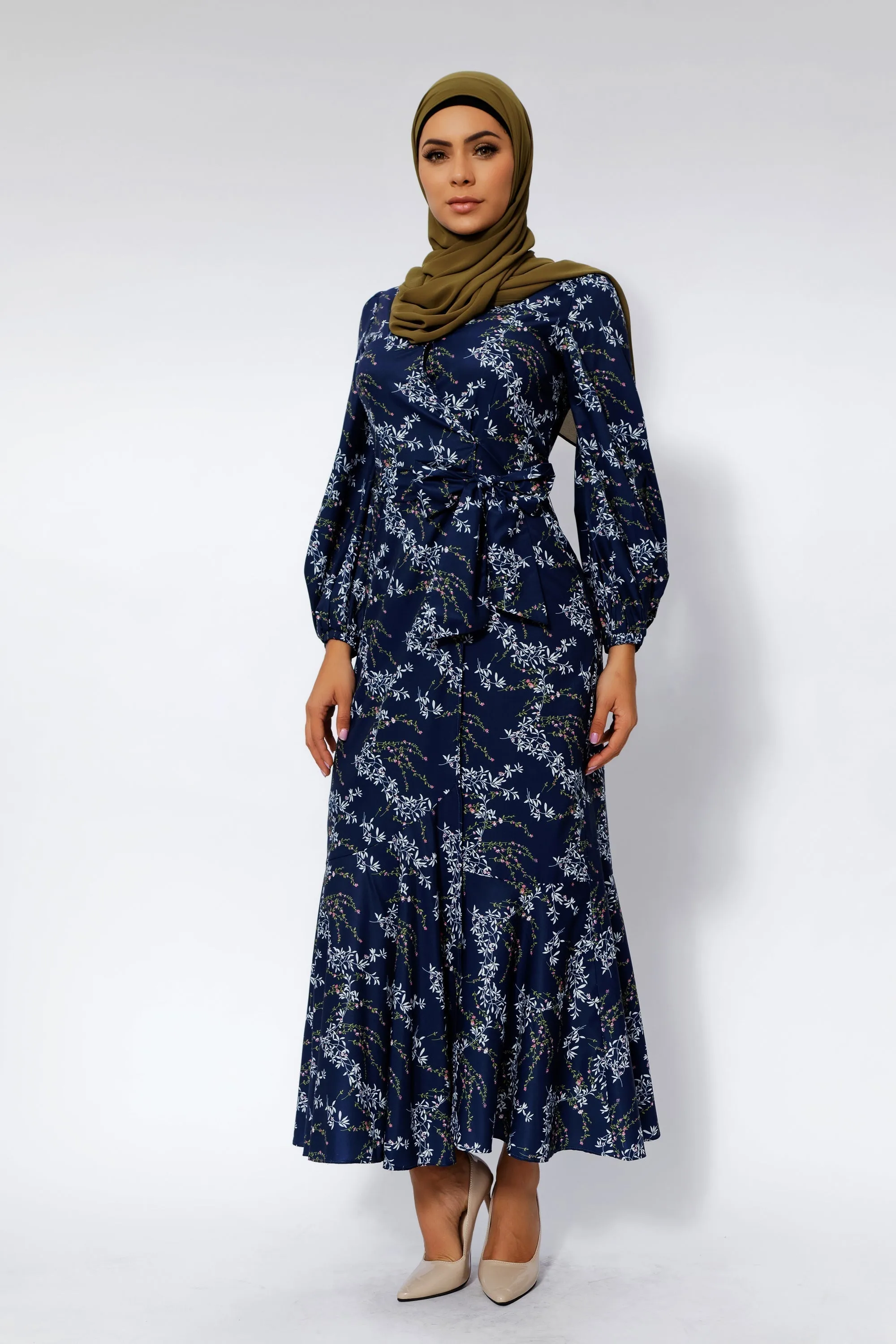 Heavenly Blue Floral Ruffle Faux Wrap Maxi Dress