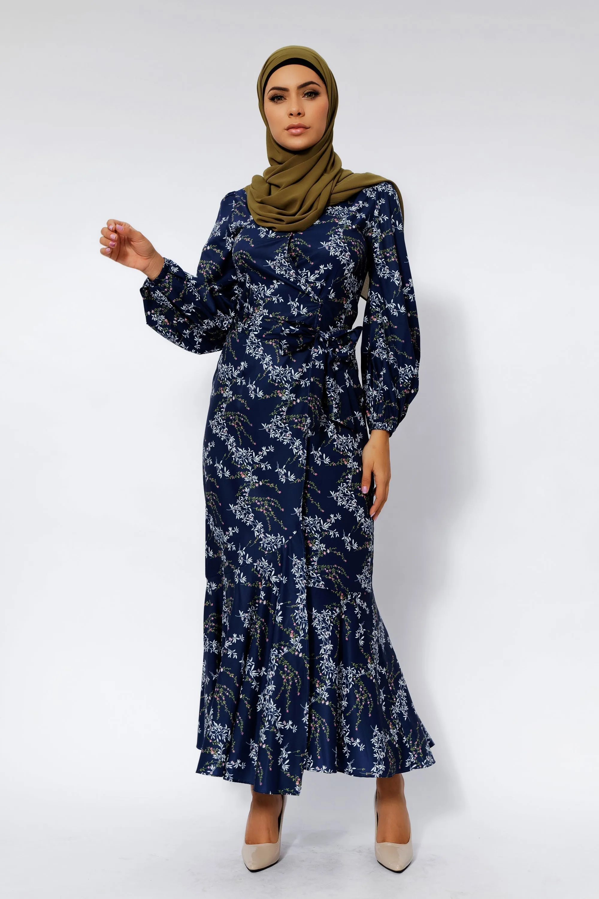 Heavenly Blue Floral Ruffle Faux Wrap Maxi Dress