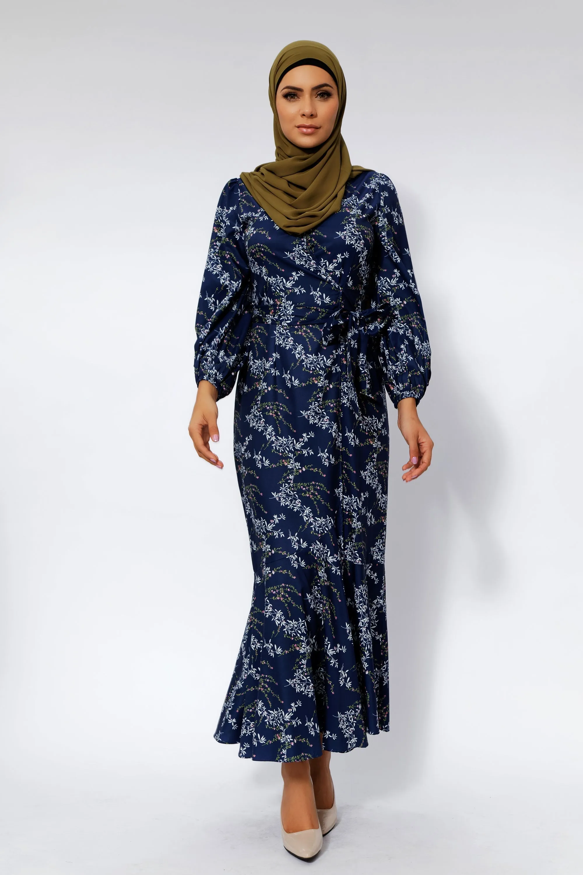 Heavenly Blue Floral Ruffle Faux Wrap Maxi Dress