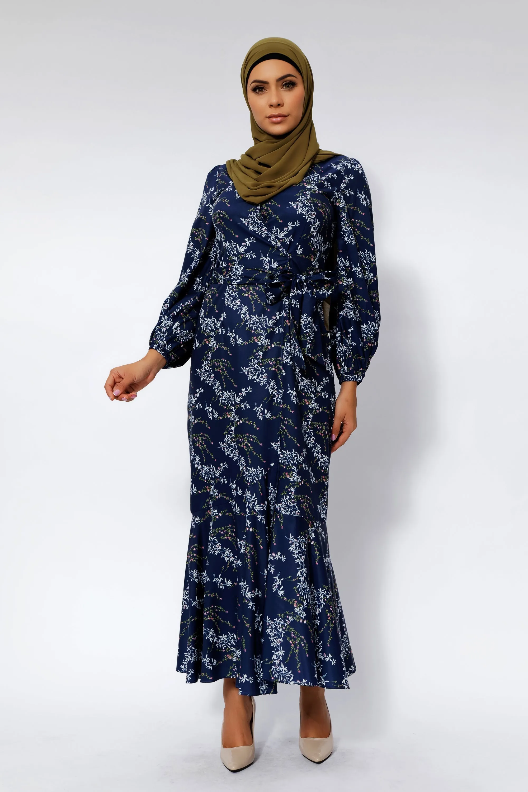 Heavenly Blue Floral Ruffle Faux Wrap Maxi Dress