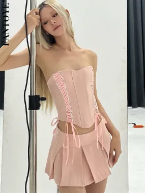 Joskaa Casual Two Piece Sets Women Skir Suit Pink Strapless Lace Up Crop Top A-line Skirt Female Summer Outside Streetwear