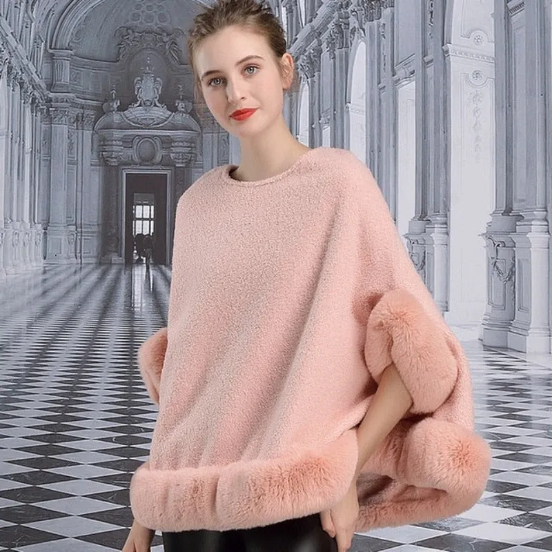 Lamb Fur Cape Faux Rabbit Fur Shawl Cape Loose Warm Cardigan Poncho