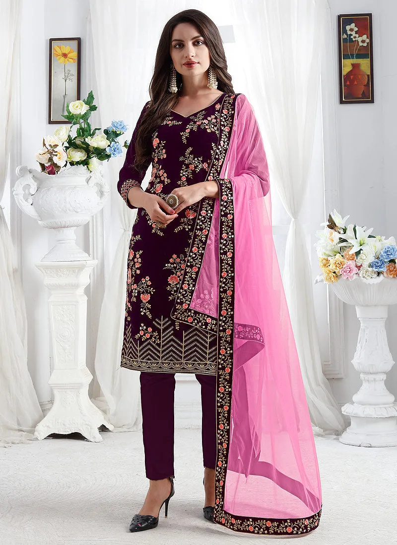 Maroon And Pink Embroidered Designer Pant Suit