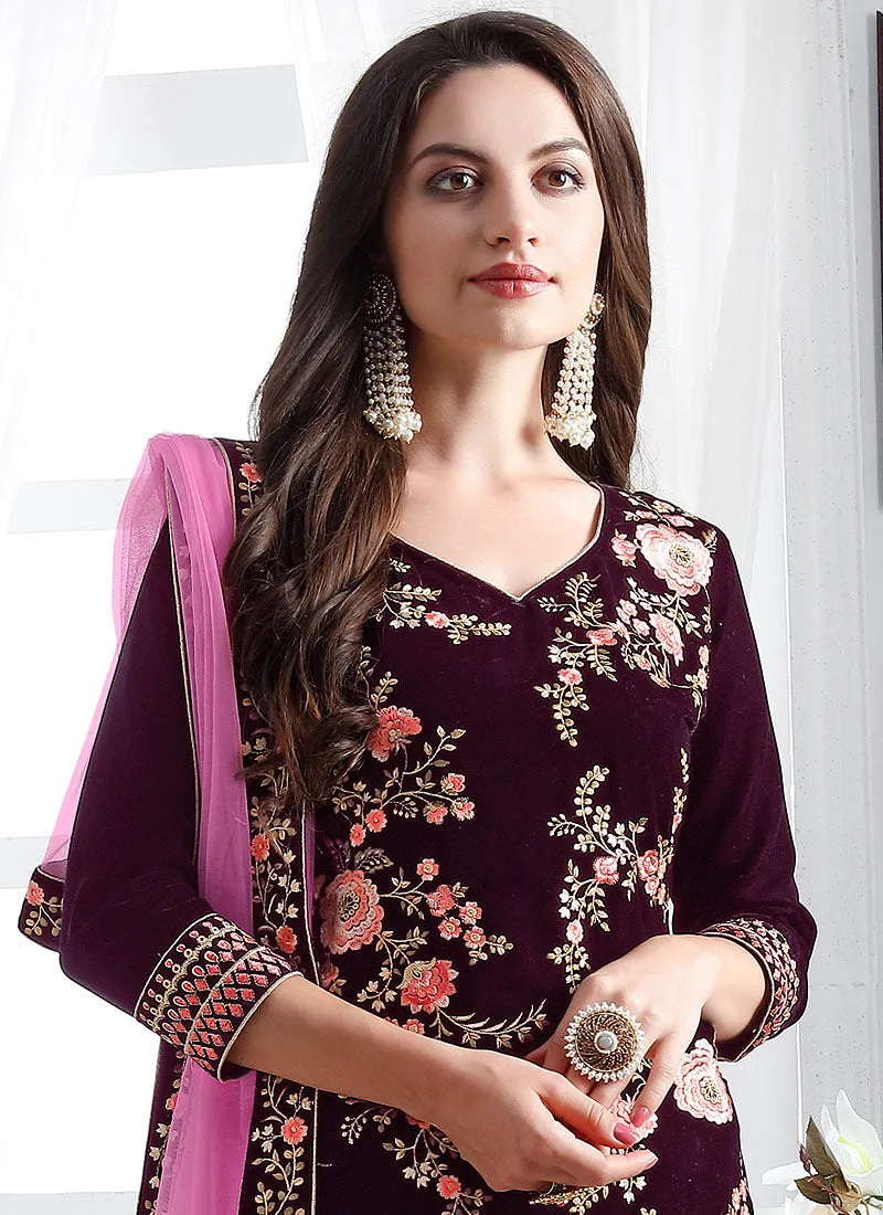 Maroon And Pink Embroidered Designer Pant Suit