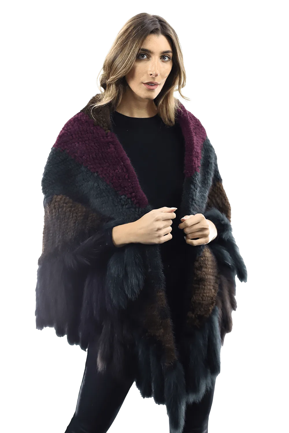 Multi Colored Mink Cape with Fox Fringe