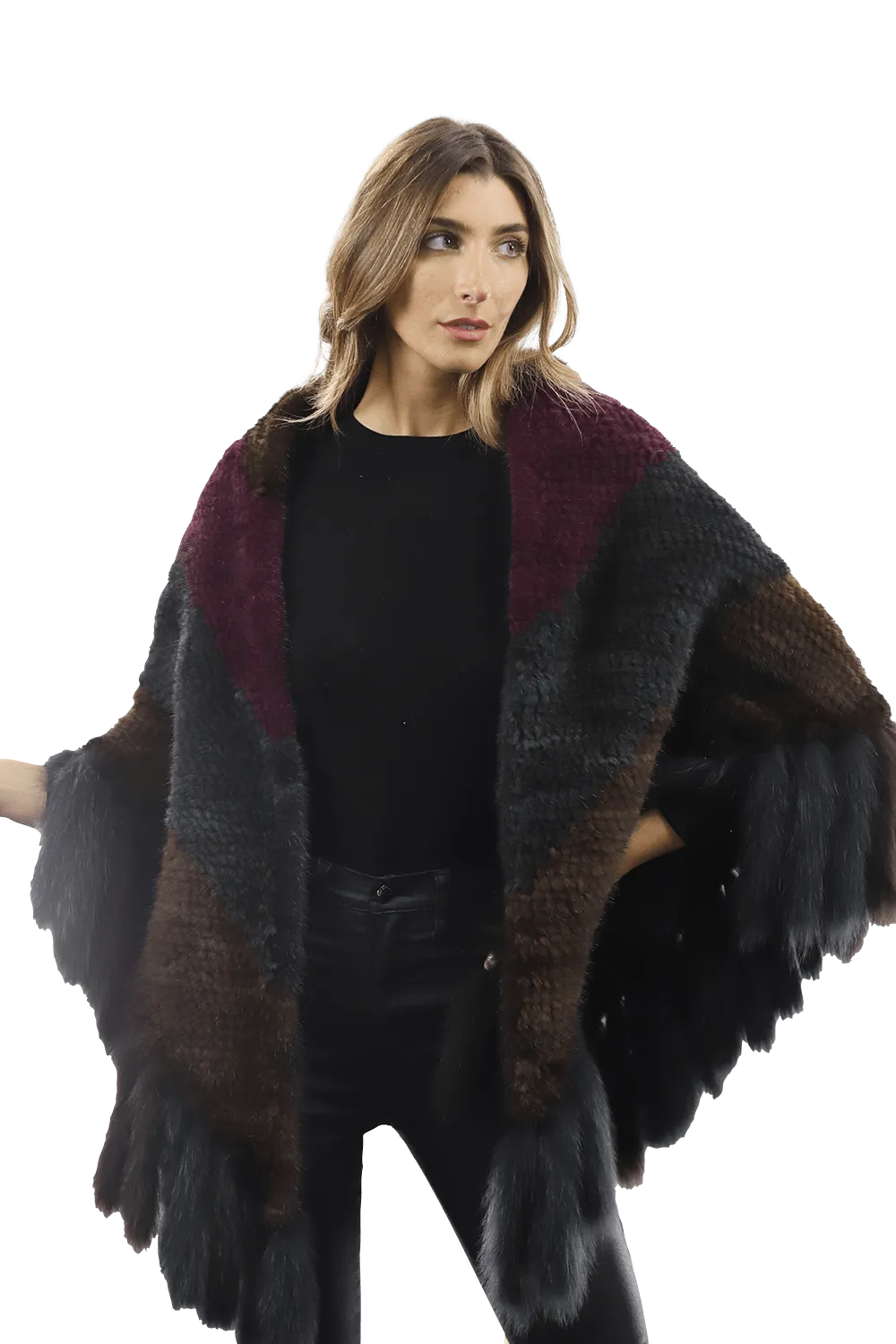 Multi Colored Mink Cape with Fox Fringe